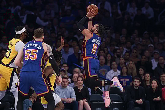 May 14, 2024; New York, New York, USA; New York Knicks guard Jalen Brunson (11) drives for a shot in front of Indiana Pacers center Myles Turner (33) and center Isaiah Hartenstein (55) during game five of the second round for the 2024 NBA playoffs at Madison Square Garden. Mandatory Credit: Vincent Carchietta-USA TODAY Sports