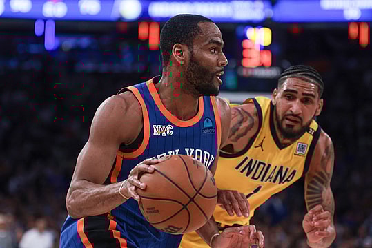 May 14, 2024; New York, New York, USA; New York Knicks guard Alec Burks (18) dribbles against Indiana Pacers forward Obi Toppin (1) during the second half during game five of the second round for the 2024 NBA playoffs at Madison Square Garden. Mandatory Credit: Vincent Carchietta-USA TODAY Sports