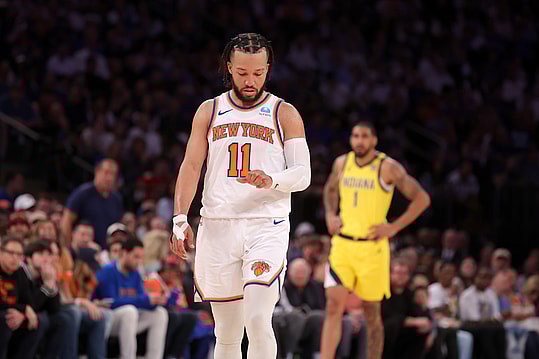 May 19, 2024; New York, New York, USA; New York Knicks guard Jalen Brunson (11) flexes his left hand during the third quarter of game seven of the second round of the 2024 NBA playoffs against the Indiana Pacers at Madison Square Garden. Mandatory Credit: Brad Penner-USA TODAY Sports