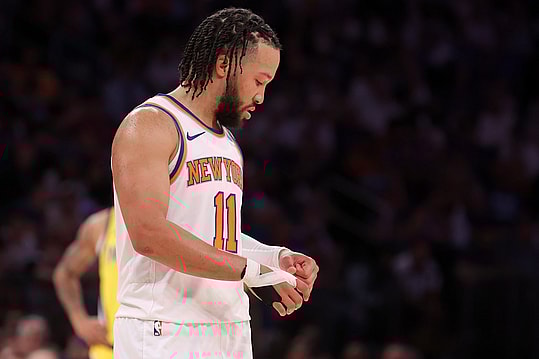 May 19, 2024; New York, New York, USA; New York Knicks guard Jalen Brunson (11) flexes his left hand during the third quarter of game seven of the second round of the 2024 NBA playoffs against the Indiana Pacers at Madison Square Garden. Mandatory Credit: Brad Penner-USA TODAY Sports