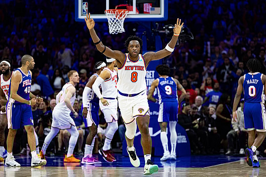 May 2, 2024; Philadelphia, Pennsylvania, USA; New York Knicks forward OG Anunoby (8) reacts to his three pointer against the Philadelphia 76ers during the second half of game six of the first round for the 2024 NBA playoffs at Wells Fargo Center. Mandatory Credit: Bill Streicher-USA TODAY Sports