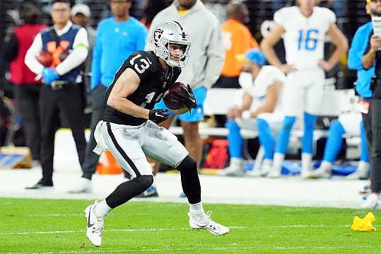 Dec 14, 2023; Paradise, Nevada, USA; Las Vegas Raiders wide receiver Hunter Renfrow (13) runs against the Los Angeles Chargers in the first quarter at Allegiant Stadium. Mandatory Credit: Stephen R. Sylvanie-USA TODAY Sports