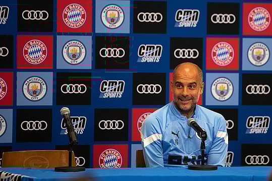 Manchester City manager Pep Guardiola speaks to the media in preparation for Saturday's exhibition game, on Friday, July 22, 2022 at Lambeau Field in Green Bay, Wis. Samantha Madar/USA TODAY NETWORK-Wisconsin