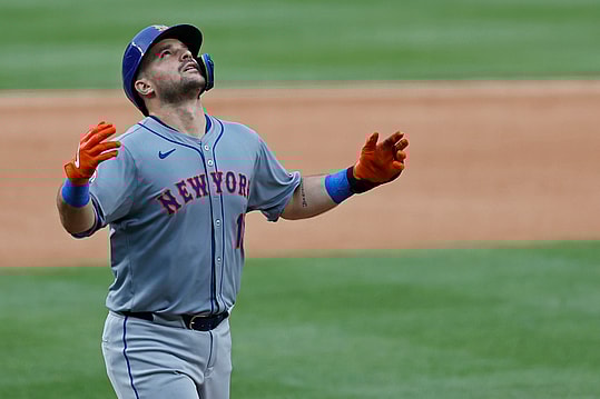 Jun 5, 2024; Washington, District of Columbia, USA;New York Mets catcher Luis Torrens (13) celebrates while rounding the bases after hitting a solo home run against the Washington Nationals during the sixth inning at Nationals Park. Mandatory Credit: Geoff Burke-USA TODAY Sports
