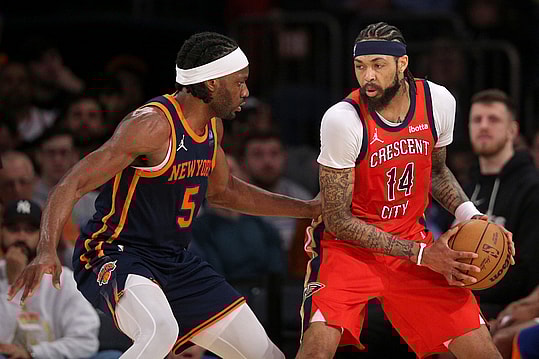 Feb 27, 2024; New York, New York, USA; New Orleans Pelicans forward Brandon Ingram (14) controls the ball against New York Knicks forward Precious Achiuwa (5) during the second quarter at Madison Square Garden. Mandatory Credit: Brad Penner-USA TODAY Sports