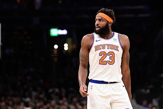 Dec 8, 2023; Boston, Massachusetts, USA;  New York Knicks center Mitchell Robinson (23) looks on during the first half against the Boston Celtics at TD Garden. Mandatory Credit: Eric Canha-USA TODAY Sports