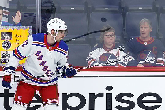 Oct 30, 2023; Winnipeg, Manitoba, CAN; New York Rangers center Filip Chytil (72) puck juggles before game against the Winnipeg Jets at Canada Life Centre. Mandatory Credit: James Carey Lauder-USA TODAY Sports