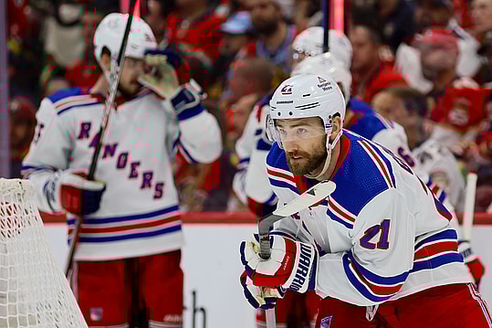 May 26, 2024; Sunrise, Florida, USA; New York Rangers center Barclay Goodrow (21) looks on after scoring against the Florida Panthers during the second period in game three of the Eastern Conference Final of the 2024 Stanley Cup Playoffs at Amerant Bank Arena. Mandatory Credit: Sam Navarro-USA TODAY Sports