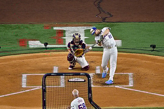 Jul 15, 2024; Arlington, TX, USA; National League first baseman Pete Alonso of the New York Mets (20) bats during the 2024 All Star Game Home Run Derby at Globe Life Field. Mandatory Credit: Jerome Miron-USA TODAY Sports