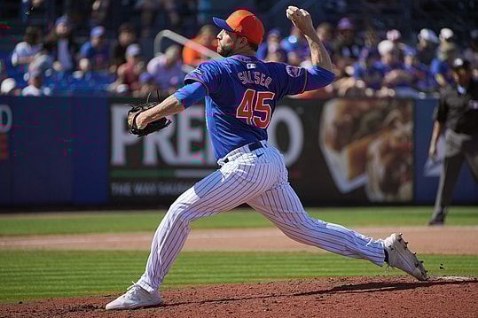 Feb 25, 2024; Port St. Lucie, Florida, USA; New York Mets pitcher Cole Sulser pitches against the Houston Astros in the fifth inning at Clover Park. Mandatory Credit: Jim Rassol-USA TODAY Sports