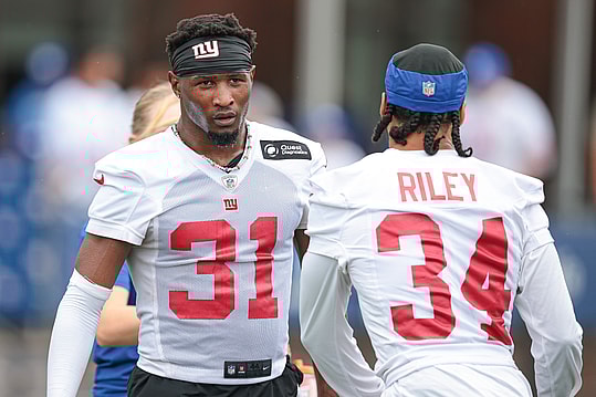 Jul 24, 2024; East Rutherford, NJ, USA; New York Giants safety Tyler Nubin (31) and safety Elijah Riley (34) during training camp at Quest Diagnostics Training Facility. Mandatory Credit: Vincent Carchietta-USA TODAY Sports