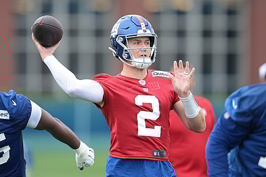 Jul 24, 2024; East Rutherford, NJ, USA; New York Giants quarterback Drew Lock (2) drops back to pass during training camp at Quest Diagnostics Training Facility. Mandatory Credit: Vincent Carchietta-USA TODAY Sports