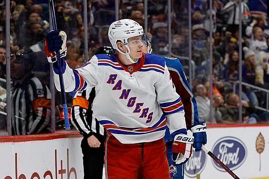 Mar 28, 2024; Denver, Colorado, USA; New York Rangers right wing Kaapo Kakko (24) celebrates after his goal in the third period against the Colorado Avalanche at Ball Arena. Mandatory Credit: Isaiah J. Downing-USA TODAY Sports