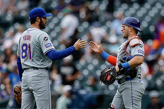 Aug 8, 2024; Denver, Colorado, USA; New York Mets relief pitcher Danny Young (81) celebrates with catcher Luis Torrens (13) after the game against the Colorado Rockies at Coors Field. Mandatory Credit: Isaiah J. Downing-USA TODAY Sports
