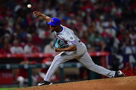 August 3, 2024; Anaheim, California, USA; New York Mets pitcher Huascar Brazoban (43) throws against the Los Angeles Angels during the seventh inning at Angel Stadium. Mandatory Credit: Gary A. Vasquez-USA TODAY Sports