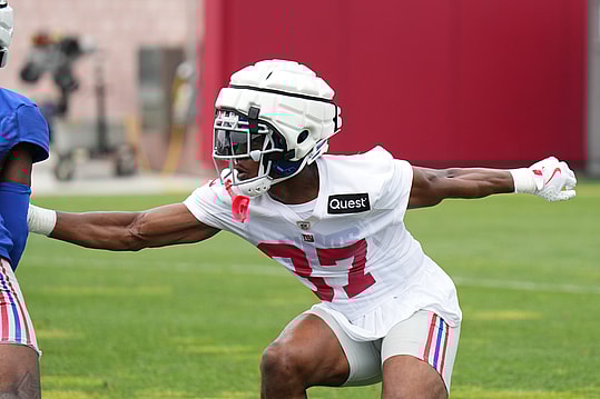 Jul 25, 2024; East Rutherford, NY, USA; New York Giants cornerback Tre Hawkins III (37) participates in a drill during training camp at Quest Diagnostics Training Center. Mandatory Credit: Lucas Boland-USA TODAY Sports