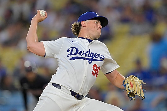 Sep 6, 2024; Los Angeles, California, USA;  Los Angeles Dodgers starting pitcher Landon Knack (96) delivers to the plate in the first inning against the Cleveland Guardians at Dodger Stadium. Mandatory Credit: Jayne Kamin-Oncea-Imagn Images