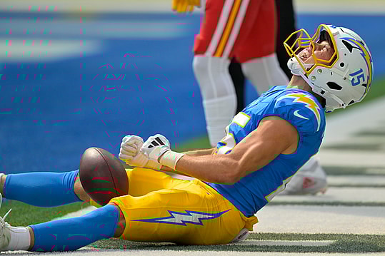 Sep 29, 2024; Inglewood, California, USA;  Los Angeles Chargers wide receiver Ladd McConkey (15) reacts after scoring a touchdown in the first half against the Kansas City Chiefs at SoFi Stadium. Mandatory Credit: Jayne Kamin-Oncea-Imagn Images