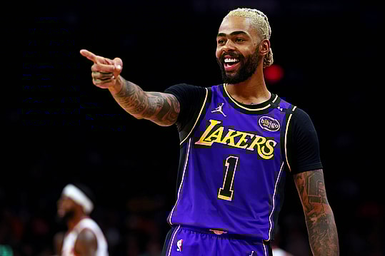 Oct 28, 2024; Phoenix, Arizona, USA; Los Angeles Lakers guard D'Angelo Russell (1) reacts to a play during the first half against the Phoenix Suns at Footprint Center. Mandatory Credit: Mark J. Rebilas-Imagn Images