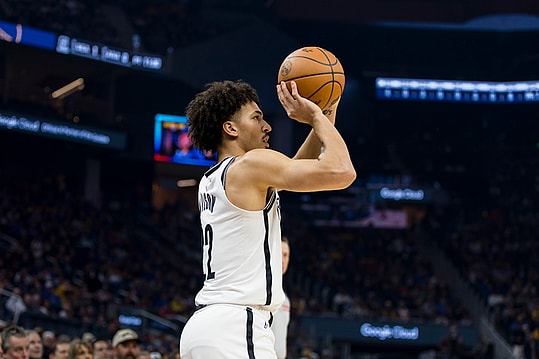Nov 25, 2024; San Francisco, California, USA; Brooklyn Nets forward Jalen Wilson (22) takes a three-point shot against the Golden State Warriors during the first half at Chase Center. Mandatory Credit: John Hefti-Imagn Images