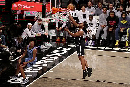 Nov 4, 2024; Brooklyn, New York, USA; Brooklyn Nets guard Cam Thomas (24) drives to the basket against Memphis Grizzlies forward Jaylen Wells (0) during the third quarter at Barclays Center. Mandatory Credit: Brad Penner-Imagn Images