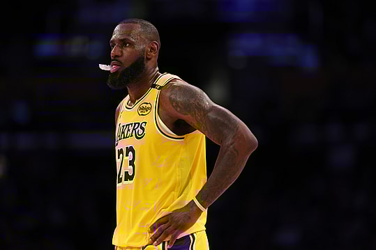 Nov 13, 2024; Los Angeles, California, USA; Los Angeles Lakers forward LeBron James (23) stands on the court during the fourth quarter against the Memphis Grizzlies at Crypto.com Arena. Mandatory Credit: Kiyoshi Mio-Imagn Images