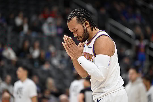 Nov 1, 2024; Detroit, Michigan, USA; New York Knicks guard Jalen Brunson (11) gets mentally prepared before the start of their game against the Detroit Pistons at Little Caesars Arena. Mandatory Credit: Lon Horwedel-Imagn Images