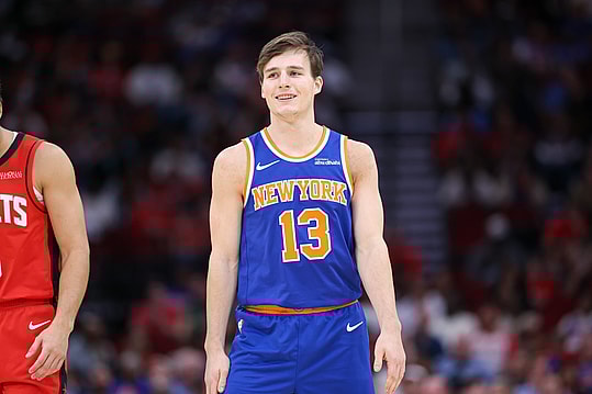 Nov 4, 2024; Houston, Texas, USA; New York Knicks guard Tyler Kolek (13) during the game against the Houston Rockets at Toyota Center. Mandatory Credit: Troy Taormina-Imagn Images