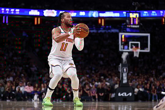 Oct 13, 2024; New York, New York, USA; New York Knicks guard Jalen Brunson (11) shoots the ball during the first half against the Minnesota Timberwolves at Madison Square Garden. Mandatory Credit: Vincent Carchietta-Imagn Images