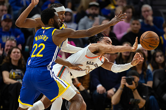 Mar 9, 2024; San Francisco, California, USA; San Antonio Spurs guard Tre Jones (33) passes away from defensive pressure by Golden State Warriors defenders Andrew Wiggins (22) and Moses Moody during the fourth quarter at Chase Center. Mandatory Credit: D. Ross Cameron-Imagn Images