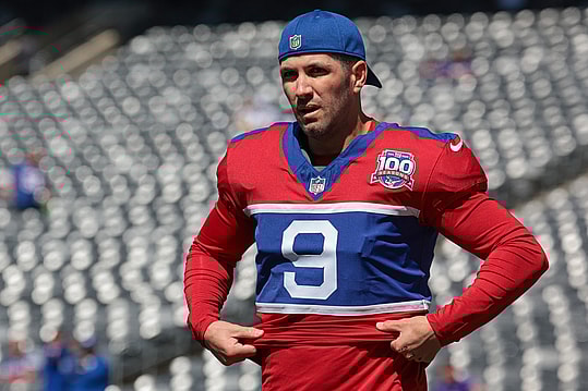 Sep 8, 2024; East Rutherford, New Jersey, USA; New York Giants place kicker Graham Gano (9) on the field before the game against the Minnesota Vikings at MetLife Stadium. Mandatory Credit: Vincent Carchietta-Imagn Images