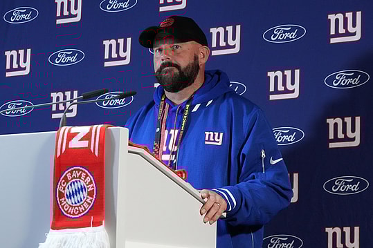 Nov 8, 2024; Munich, Germany; New York Giants coach Brian Daboll during press conference at the FC Bayern training grounds at Sabener Strasse.  Mandatory Credit: Kirby Lee-Imagn Images