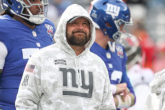 Nov 24, 2024; East Rutherford, New Jersey, USA; New York Giants head coach Brian Daboll looks on before the game at MetLife Stadium. Mandatory Credit: Vincent Carchietta-Imagn Images