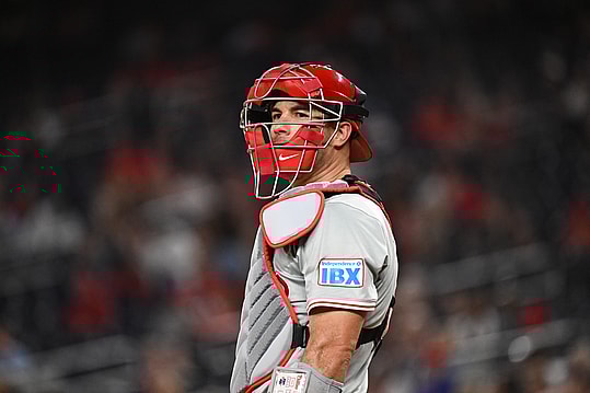 Sep 27, 2024; Washington, District of Columbia, USA;  Philadelphia Phillies catcher J.T. Realmuto (10) looks out to the crowd during the first inning against the Washington Nationals at Nationals Park. Mandatory Credit: James A. Pittman-Imagn Images
