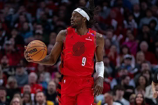 Oct 23, 2024; Portland, Oregon, USA;  Portland Trailblazers shooting forward Jerami Grant (9) dribbles the ball against the Golden State Warriors at Moda Center. Mandatory Credit: Stephen Brashear-Imagn Images