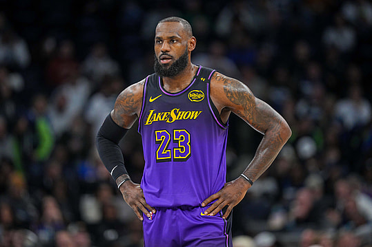 Dec 2, 2024; Minneapolis, Minnesota, USA; Los Angeles Lakers forward LeBron James (23) against the Minnesota Timberwolves in the first quarter at Target Center. Mandatory Credit: Brad Rempel-Imagn Images