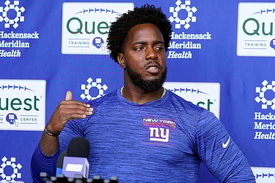 New York Giants assistant general manager Brandon Brown talks to reporters after the first day of mandatory minicamp at the Giants training center in East Rutherford on Tuesday, June 13, 2023.