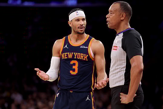 Jan 29, 2025; New York, New York, USA; New York Knicks guard Josh Hart (3) argues with referee Rodney Mott (71) after being called for a technical foul during the fourth quarter against the Denver Nuggets at Madison Square Garden. Mandatory Credit: Brad Penner-Imagn Images