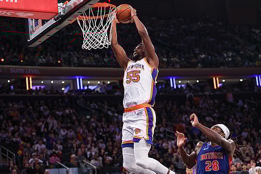 Dec 7, 2024; New York, New York, USA; New York Knicks center Ariel Hukporti (55) dunks during the second half against the Detroit Pistons at Madison Square Garden. Mandatory Credit: Vincent Carchietta-Imagn Images
