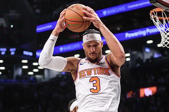 Jan 21, 2025; Brooklyn, New York, USA;  New York Knicks guard Josh Hart (3) grabs a rebound in the fourth quarter against the Brooklyn Nets at Barclays Center. Mandatory Credit: Wendell Cruz-Imagn Images