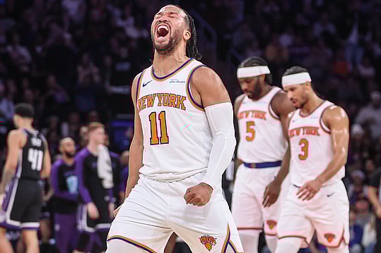 Jan 25, 2025; New York, New York, USA; New York Knicks guard Jalen Brunson (11) celebrates during a timeout called by the Sacramento Kings in the third quarter at Madison Square Garden. Mandatory Credit: Wendell Cruz-Imagn Images