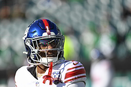 Jan 5, 2025; Philadelphia, Pennsylvania, USA; New York Giants wide receiver Malik Nabers (1) against the Philadelphia Eagles at Lincoln Financial Field. Mandatory Credit: Eric Hartline-Imagn Images