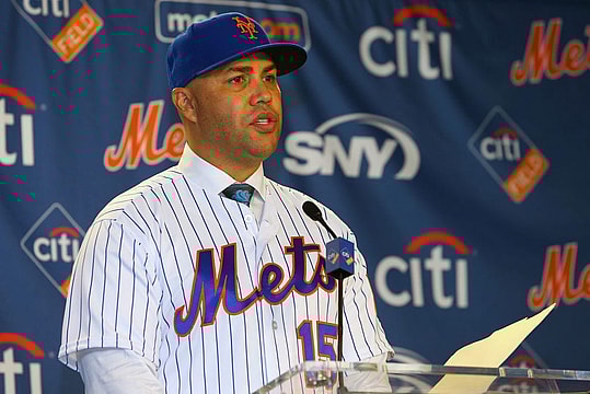 Carlos Beltran talks after being introduced as manager of the New York Mets during a press conference at Citi Field