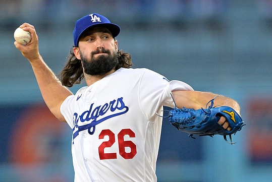 Aug 2, 2023; Los Angeles, California, USA;  Los Angeles Dodgers starting pitcher Tony Gonsolin (26) throws to the plate in the second inning against the Oakland Athletics at Dodger Stadium. Mandatory Credit: Jayne Kamin-Oncea-Imagn Images