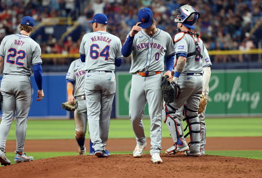 May 4, 2024; St. Petersburg, Florida, USA; New York Mets manager Carlos Mendoza (64) comes to the mound to take out pitcher Adam Ottavino (0) against the Tampa Bay Rays during the eighth inning at Tropicana Field. Mandatory Credit: Kim Klement Neitzel-USA TODAY Sports