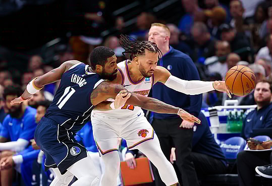 Jan 11, 2024; Dallas, Texas, USA; Dallas Mavericks guard Kyrie Irving (11) knocks the ball away from New York Knicks guard Jalen Brunson (11) during the second half at American Airlines Center. Mandatory Credit: Kevin Jairaj-USA TODAY Sports