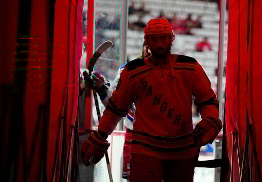 May 16, 2024; Raleigh, North Carolina, USA; New York Rangers center Vincent Trocheck (16) comes off the ice after the warmups before the game against the Carolina Hurricanes in game six of the second round of the 2024 Stanley Cup Playoffs at PNC Arena. Mandatory Credit: James Guillory-USA TODAY Sports