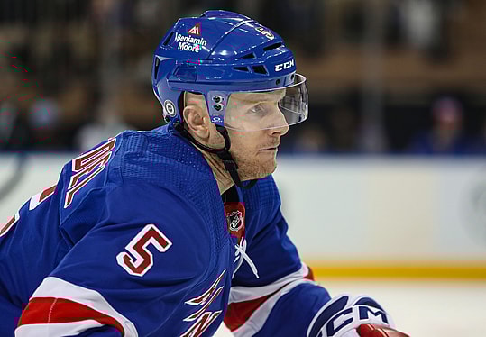 Mar 19, 2024; New York, New York, USA; New York Rangers defenseman Chad Ruhwedel (5) during his Rangers debut against the Winnipeg Jets during the third period at Madison Square Garden. Mandatory Credit: Danny Wild-USA TODAY Sports