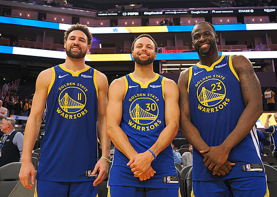 Nov 30, 2023; San Francisco, California, USA; Golden State Warriors guard Klay Thompson (11), guard Stephen Curry (30) and forward Draymond Green (23) after the game against the Los Angeles Clippers at Chase Center. Mandatory Credit: Kelley L Cox-Imagn Images