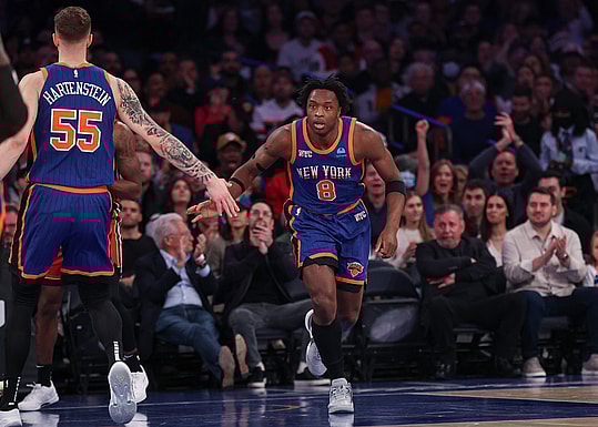 Jan 27, 2024; New York, New York, USA; New York Knicks forward OG Anunoby (8) slaps hands with center Isaiah Hartenstein (55) after a basket against the Miami Heat during the first half at Madison Square Garden. Mandatory Credit: Vincent Carchietta-USA TODAY Sports